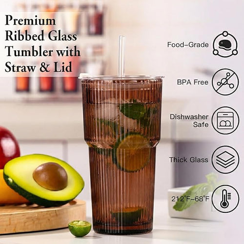 6PCS Venus Ribbed Glass Cups with Lids and Straws, 20oz Vintage Drinking Glasses, Aesthetic Iced Coffee Cups, Glass Tumbler for Boba, Beer, Tea, Cocktails, Brown Ribbed Glassware Set (Venus-6)