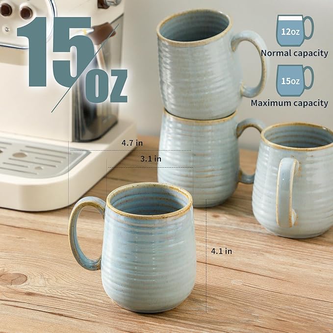 HASENSE Coffee Cups Ceramic, 12 Oz Reactive Glaze Coffee Mugs Set of 4, Large Tea Cup with Handle for Women and Men Gift, Dishwasher & Microwave Safe, Light Blue