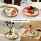 Round Rattan Tray with Mother of Pearl Inlay, Decorative Wicker Serving Tray with Wooden Base, Woven Basket Trays for Bread Fruits Coffee, Peony