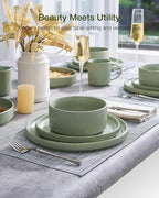 Famiware Star 24-Piece Reactive Glaze Plates and Bowls Sets, Service for 8 - Stoneware Dinnerware Set, High Edge Ribbed Dishes, Chip & Scratch Resistant, Microwave & Dishwasher Safe, Matte Sage Green
