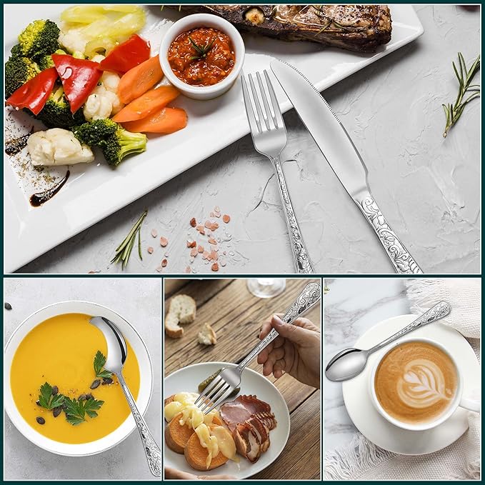 Silverware Set, 30 Pieces Vintage Carved Flatware Set for 6, Stainless Steel Cutlery Set with Knife/Fork/Spoon,Utensil Set for Home and Kitchen, Dishwasher Safe