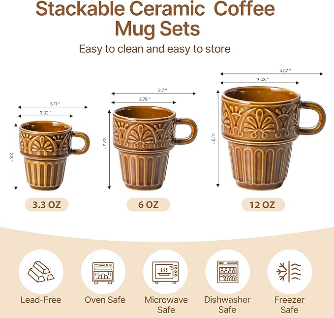 Ceramic Coffee Mug, Stackable Mug 3.3 OZ Coffee Mugs, Espresso Cups, Mugs Set of 6 for Latte Milk Hot Chocolate, for Men Women Kids, Ideal for Home Restaurant Daily Use & Holiday Gifting, Brown