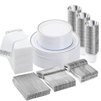 BESTVIP 350 PCS Silver Dinnerware Set for 50 Guests, Plastic Dinnerware Set for Party, Wedding, Christmas, Halloween, Include: 100 Plastic Plates, 50 Silver Silverware, 50 Cups, 50 Paper Napkins