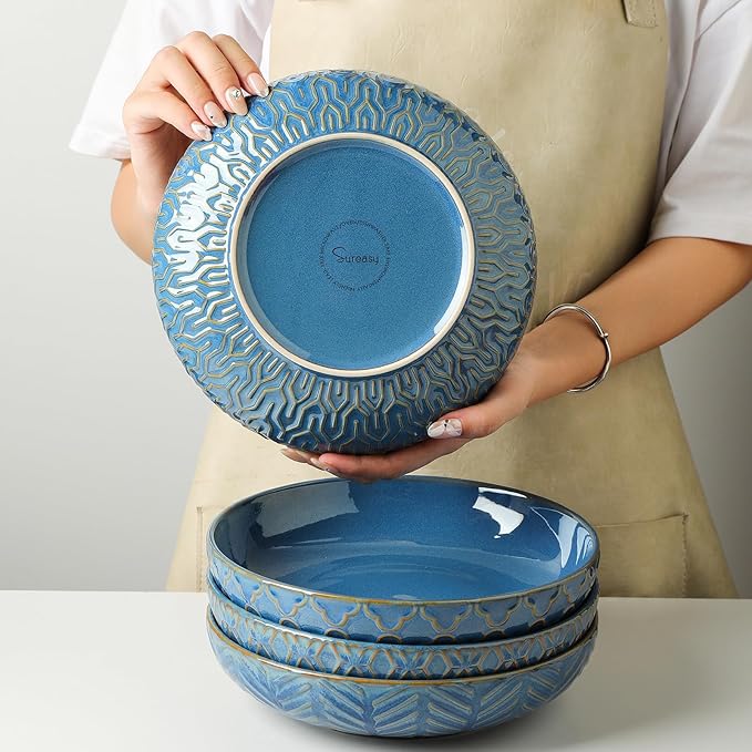 Sureasy Pasta Bowls Set of 4, 30oz Large Embossed Serving Bowl Plates, 8.5 Inch Wide and Shallow Plate Bowls, Microwave, Oven & Dishwasher Safe, Blue