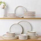 LIANYU 8 Piece Stoneware Plates and Bowls Dishes Set for 2, Dinnerware Sets with Pasta Bowls, Ribbed Dining Ware Dishware for Home Wedding, Microwave and Dishwasher Safe, Dawn Beige