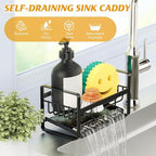 Kontoyo Sponge Holder for Kitchen Sink,Stainless Steel Kitchen Sink Organizer with Auto Draining Tray,Kitchen Countertop Soap Dispenser Organizer,Black