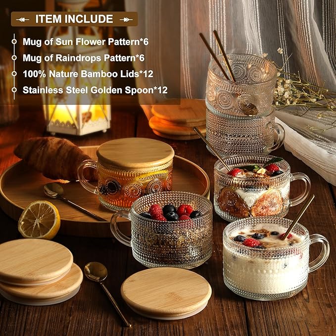 LANDNEOO 12pcs Set Irish Coffee Glasses, Vintage Coffee Mugs, Overnight Oats Containers with Bamboo Lids and Spoons - 14oz Clear Embossed Glass Cups, Cute Coffee Bar Accessories, Iced Coffee Glasses