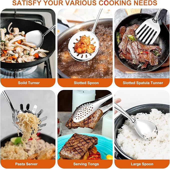 304 Stainless Steel Kitchen Utensils Set,11 Pcs Stainless Steel Cooking Utensils Set, Long Metal Cooking Utensil Gadgets Tools Set with Spatula, Spoon,Skimmer,Tongs etc (Dishwasher Safe)