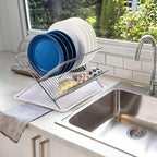 Youeon Foldable Dish Drying Rack with Drip Tray, Stainless Steel 2 Tier Dish Drainer Rack, Collapsible Dish Drainer, Folding Dish Rack for Kitchen Sink, Countertop, Cutlery, Plates, Dishes