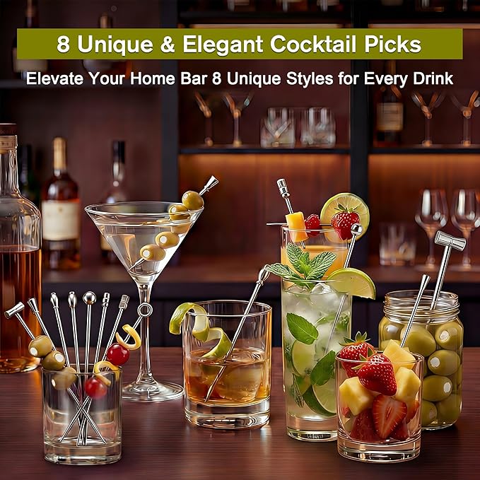 8 PCS Metal Martini Cocktail Picks for Drinks, Reusable Stainless Steel Martini Picks with Pickle Grabber, Dishwasher Safe for Dirty Martinis, Appetizers & Olives, Bloody Mary Bar Supplies