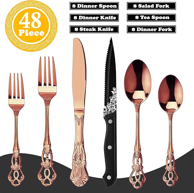 Runfly Retro Royal Rose Gold/Copper 48 Pieces Flatware Set, Gorgeous Silverware Set For 8, Anti-rust Stainless Steel dark Cutlery Set Utensils Including Fork Spoon and Knife