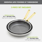 GreenPan Hybrid 9.5” & 11” Nonstick Stainless Steel Frying Pan Set, APEX Tri-Ply Thermobond PFAS-Free Ceramic Skillets, Induction & All Cooktop Compatible, Oven Temp to 850°F, Dishwasher Safe, Gold