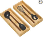 Bamboo Kitchen Drawer Organizer, Stackable Utensil Holder Silverware Organizer Cutlery Tray - 2PCS Organizer Bins for Makeup Jewelries Flatware in Bathroom, Office Desk, Cabinets, 15x6x2 inch