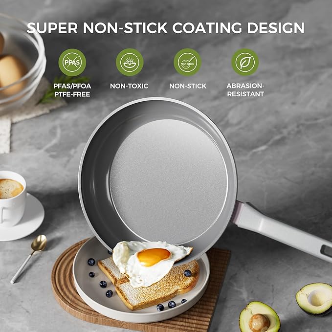 Sanho Diamond-Titanium Ceramic Nonstick Fry Pan Set, 20cm & 26cm Frying Pans, PFAS PFOA PTFE Free, Dishwasher Safe & Induction Compatible Cookware with Cool-Touch Handle, Gray