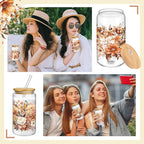 Mumufy 4 Pack Gift for Women Cute Glass Cup Tumbler Flower Iced Coffee Mugs 16 oz Glass with Bamboo Lid & Straw, Mothers Day Birthday Gift for Mom Sister Bridesmaid Baby Shower(Brown Flower)