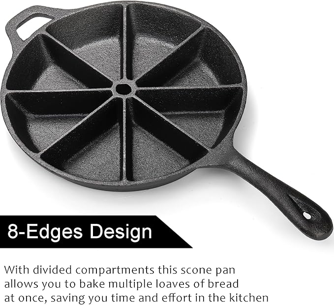 WUWEOT Cast Iron Wedge Pan, Round Corn Bread Skillet, 8-edges Biscuit Pan Mini Cake Pan with Long Handle for Scones, Corn Stick, Muffins, Cupcakes and Brownies