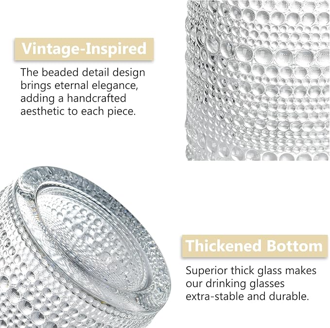 Hobnail Drinking Glasses Set of 12, 12 oz Highball Glassware & 10 oz Cocktail Glasses, Vintage Embossed Beaded Glass Cups for Kitchen,Beer,Soda, Whiskey,and Beverages,Dishwasher Safe