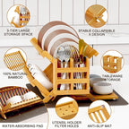 Greenual Bamboo Dish Drying Rack with Utensil Holder, 3 Tier Collapsible Dish Rack, Wooden Dish Racks for Kitchen Counter, Large Folding Drying Holder with Absorbent Dish Drying Mat