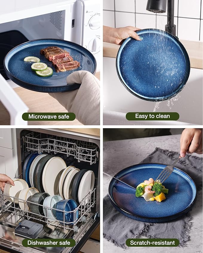 Famiware Star 12-Piece Stoneware Dinnerware Sets for 4, Modern Rustic Dishes for Everyday & Formal Use, Reactive Glaze Plates and Bowls, Chip/Scratch Resistant, Microwave/Dishwasher Safe, White & Blue