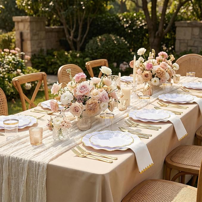 I00000 350 PCS White and Gold Plastic Plates for 50 Guests, Premium Scalloped Disposable Dinnerware Set Include: 100 Disposable Plate, 50 Napkins, 50 Cups, 50 Silverware Set for Party & Wedding