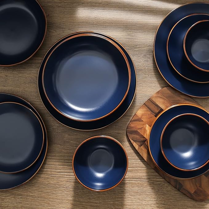 Stone Lain Brasa Stoneware 16 Piece Modern Dinnerware Sets, Plates and Bowls, Service for 4, Blue, Microwave & Dishwasher Safe