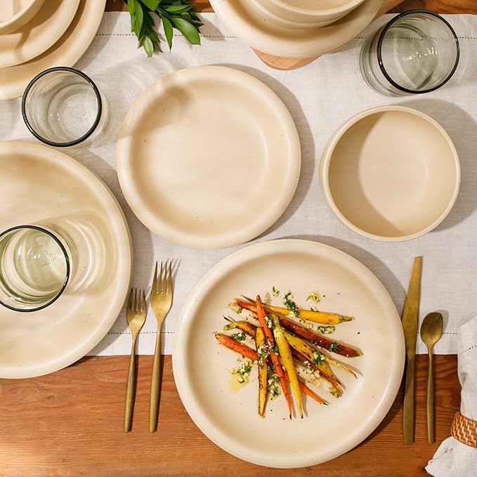 Bloomhouse - Two Time Oprah's Favorite Things Winner - Corsica Clay 12 Piece Stoneware Rustic Reactive Glaze Dinnerware Set - Stackable Plates Bowls Set. Service for 4 - Matte Finish Cappuccino Cream