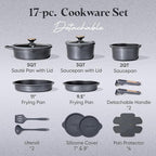 CAROTE 17Pcs Titanium Pots and Pans Set, Cookware Set Nonstick, Kitchen Cooking Set with Detachable Handle, RV/Camping Cookware, Dishwasher/Oven Safe, Grey