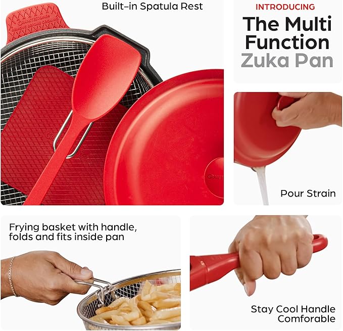 ZUKA 10 in 1 Ceramic Pan by Granitestone, Large 10 Inch Saute Pan with Lid Serves as Deep Frying Set with Steamer, Everyday Skillet, Non Toxic Ceramic Nonstick, Induction Oven & Dishwasher Safe