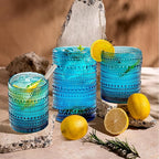Vintage Blue Hobnail Drinking Glasses with Straws, 15oz & 12oz Embossed Highball Glassware for Cocktails, Whiskey, Beer, Juice(Set of 12)