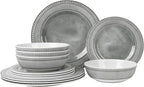 AELS Melamine Dinnerware Set of 12 Pcs, Dinner Dishes Set for Indoor and Outdoor Use, Melamine Plates and Bowls Set for 4, Dishwasher Safe, Lightweight Unbreakable, BPA Free, Gray