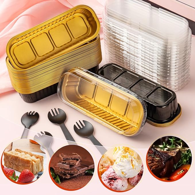 120Pcs Mini Loaf Pans with Lids, Aluminum Foil Baking Pans, Rectangle Mini Cake Pa, Brownie Baking Cups for Wedding Birthday Party (Black Gold)