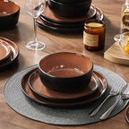 vancasso Plates and Bowls Sets, 24 Pieces Stoneware Dinnerware Sets for 8, Kitchen Dish Set Mircowave and Dishwasher Safe Ceramic Dishware, Dark Brown, Series AMBER