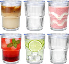 6 Pack 13oz Ripple Drinking Glasses with Lids, Iced Coffee Cup Set, Vintage Drinking Glasses, Coffee Glasses, Water Glasses for Matcha Smoothie Juice Tea Latte Cappuccino Cocktail