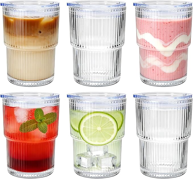 6 Pack 13oz Ripple Drinking Glasses with Lids, Iced Coffee Cup Set, Vintage Drinking Glasses, Coffee Glasses, Water Glasses for Matcha Smoothie Juice Tea Latte Cappuccino Cocktail