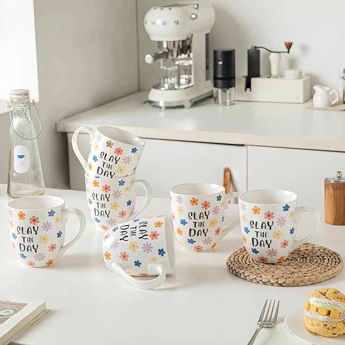 16 OZ Coffee Mugs Set of 6, Aesthetic Cute Cups with Retro Floral Pattern, Inspirational Affirmation Gifts for Women, Coworkers, Friends, Ceramic, (White)