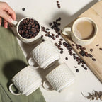 6 Oz Coffee Cups with Stand, Stackable Espresso Cups Set of 4, Ceramic Cappuccino Cup, Embossed Coffee Mugs for Latte, Cocoa, Mocha, Tea, Housewarming Wedding Present, Dishwasher Safe