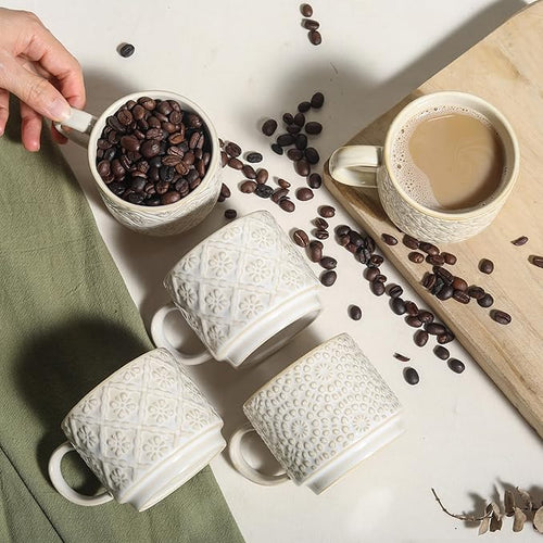 6 Oz Coffee Mugs with Stand, Stackable Coffee Cups Set of 4, Ceramic Espresso Cups, Embossed Cappuccino Cups for Latte, Cocoa, Mocha, Tea, Housewarming Wedding Present, Dishwasher Safe
