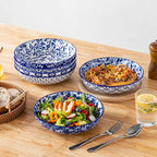 vancasso Selene 8.5" Pasta Bowls Set of 6, 40 oz Porcelain Shallow Salad Bowls, Serving Bowls Large Kitchen Bowl Plates Pasta Plates, Blue & White Floral Design, Microwave Safe