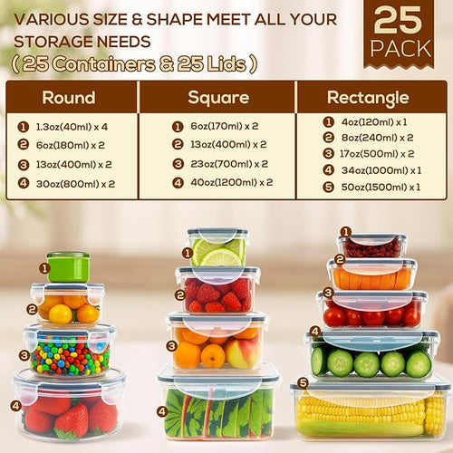 50 PCS Thicker Food Storage Containers with Lids, Clear Stackable Airtight Leakproof Reusable Plastic Meal Prep Container Set for Kitchen Storage/ Lunch, Fridge/ Microwave Safe with Labels&Pen