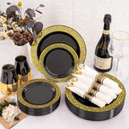 NOCCUR 210pcs Black and Gold Dinnerware Set - Black Disposable Plates and Napkins Party Supplies Include 60 Dinner/Dessert Plates, 30 Prerolled Plastic Cutlery&30 Cups for Party/Birthday/New Year