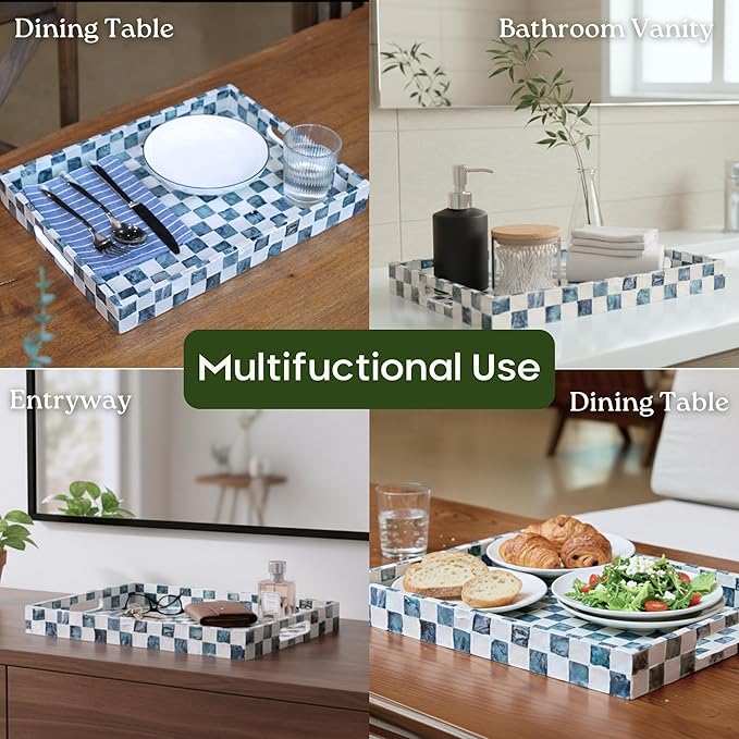 CHI AN HOME 15.8" x 11.8" Decorative Rectangular Tray with Natural Capiz Shells, Checkered Tray with Handles, Serving Tray for Ottoman, Coffee Table, Kitchen Counter Home Decor (Navy Blue)
