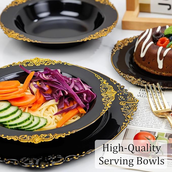 Nervure 50PCS Black Plastic Bowls with Gold Rim - 12oz Disposable Soup Bowls, Heavy Duty Salad Ice Cream Bowl Perfect For Weddings, Parties and Halloween