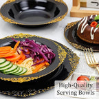Nervure 50PCS Black Plastic Bowls with Gold Rim - 12oz Disposable Soup Bowls, Heavy Duty Salad Ice Cream Bowl Perfect For Weddings, Parties and Halloween (Pack of 2)