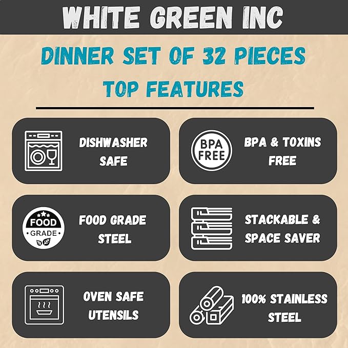 Stainless Steel Dinnerware Set of 32 Pcs (Dinner Plates, Cups, Dishes, Bowls) Metal Dinnerware Sets, Dishwasher Safe, Reusable Dinner Set for Home Kitchen Camping - Service for 4