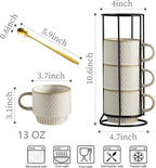 LYEOBOH Stackable Coffee Mugs, Coffee Cups, Mug Set of 4 with Spoons - 13 Oz Coffee Cup Set with Stand, Ceramic Coffee Mug - Farmhouse Kitchen, Beige