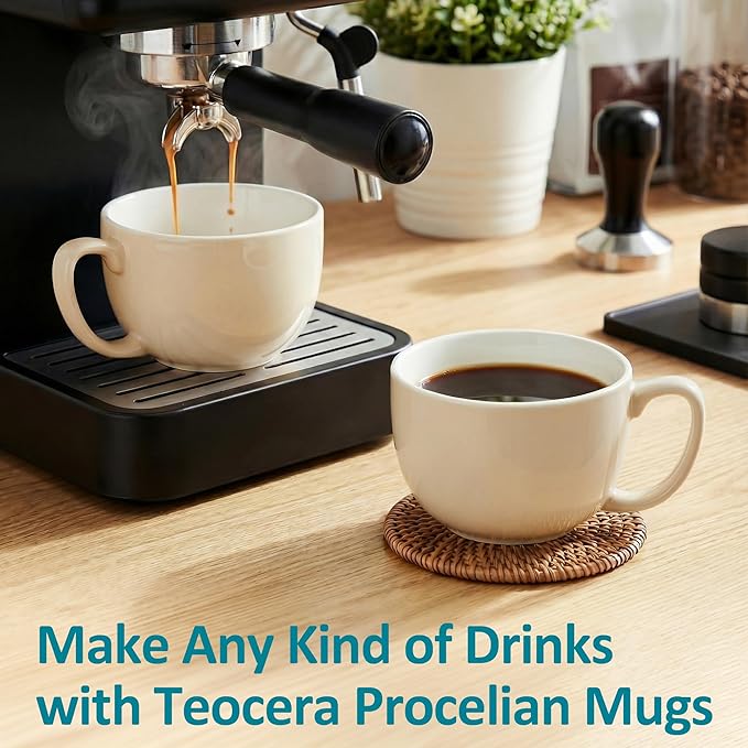 Teocera 16oz Large Coffee Mugs Set of 4 - Thick Cream Porcelain Cups for Cappuccino, Latte, Tea & Hot Chocolate - Dishwasher Safe Ceramic with Comfort Grip Handles