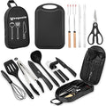 Camping Essentials Cookware Cooking Utensils Set - Portable Camp Kitchen Mess Kit Outdoor Accessories, Stainless Steel & Silicone, Camping Gear Equipment for RV Picnic Grill,Black