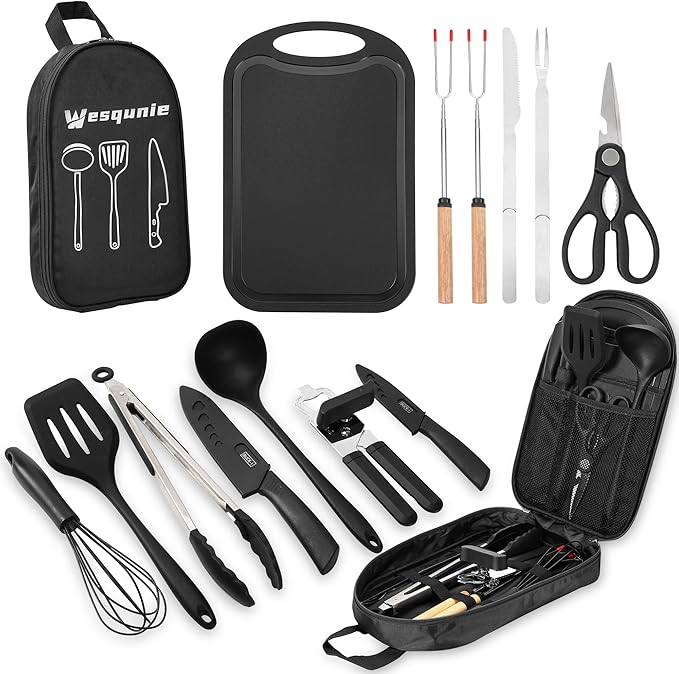 Camping Essentials Cookware Cooking Utensils Set - Portable Camp Kitchen Mess Kit Outdoor Accessories, Stainless Steel & Silicone, Camping Gear Equipment for RV Picnic Grill,Black