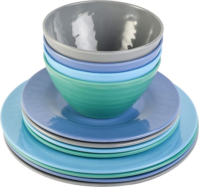 Gibson Home Brist Melamine Plastic Dinnerware Set, Service for Four (12pcs), Blue