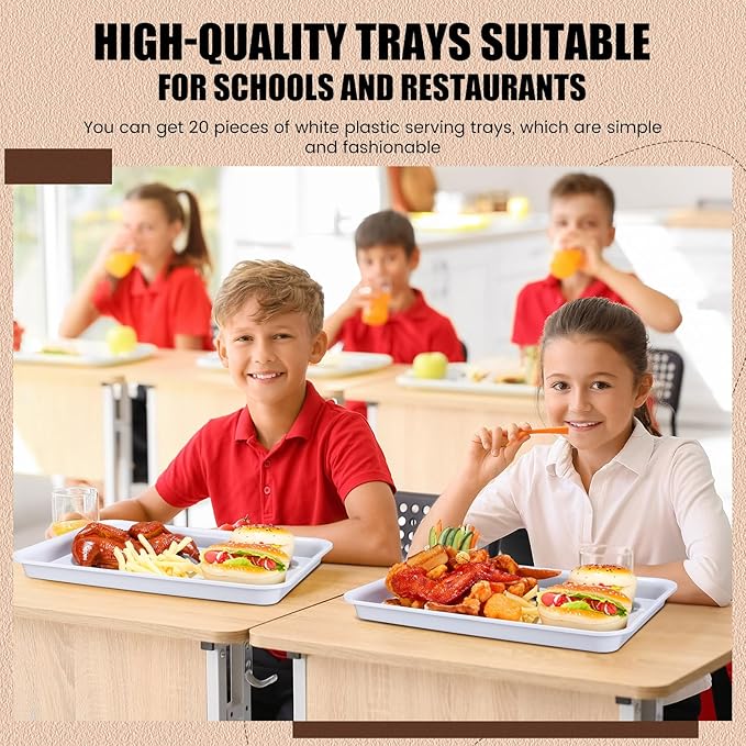 Ziliny 20 Pcs Plastic Serving Trays Bulk Plastic Serving Platters Reusable Rectangle Food Tray Stackable Party Trays for Dinner Snack Dessert in School Cafeteria(White,16 X 11)